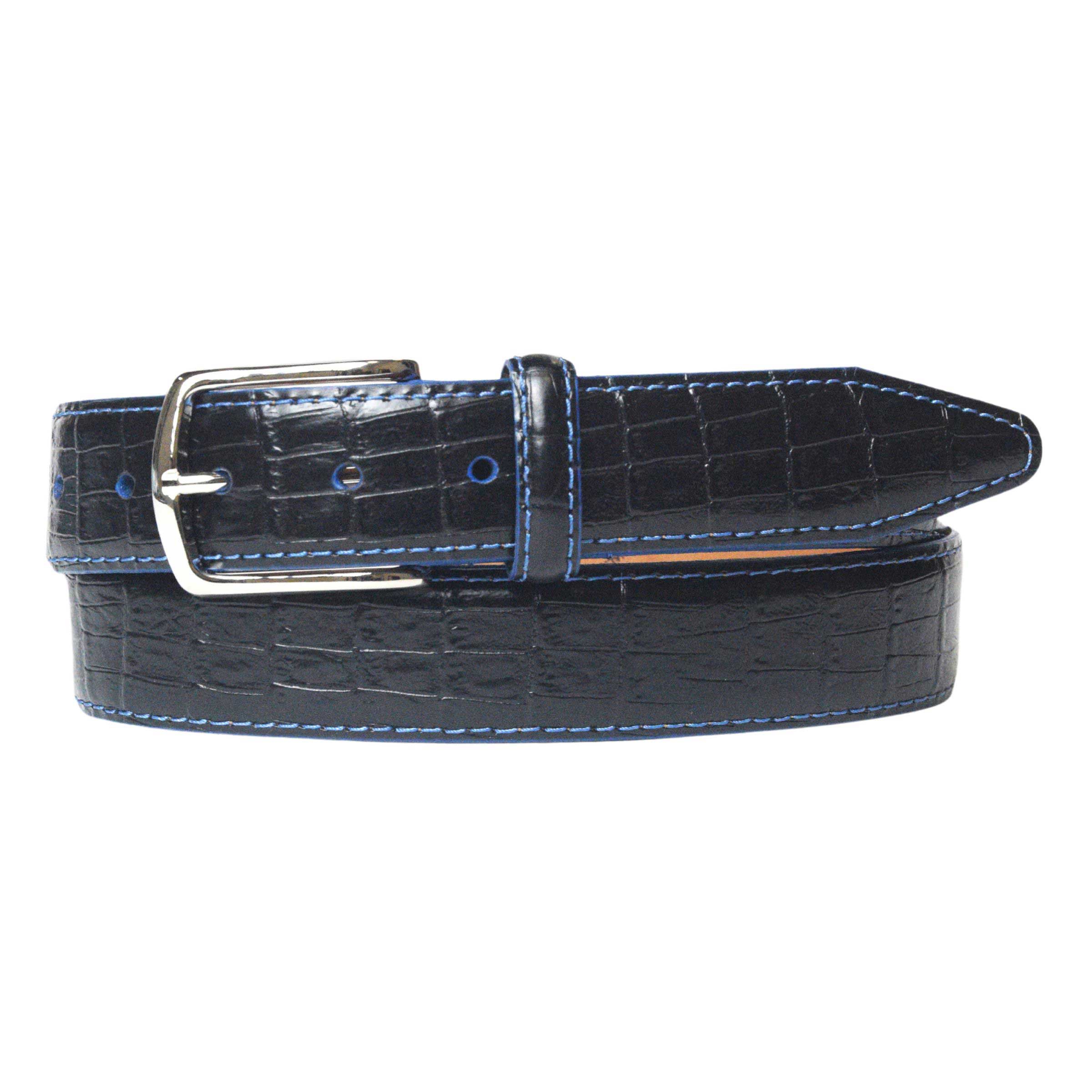 Men's black dress belt with blue stitching