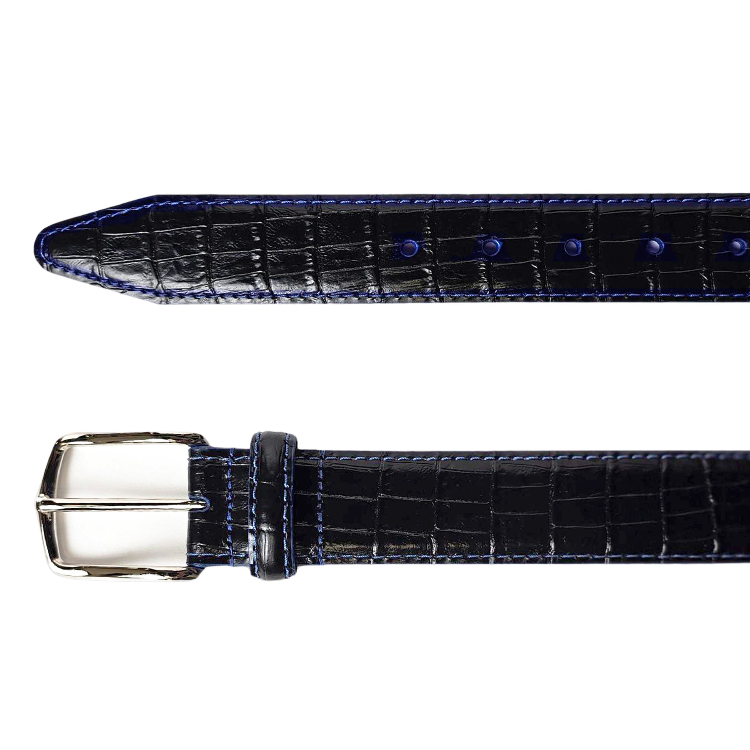 Men's black dress belt with blue stitching