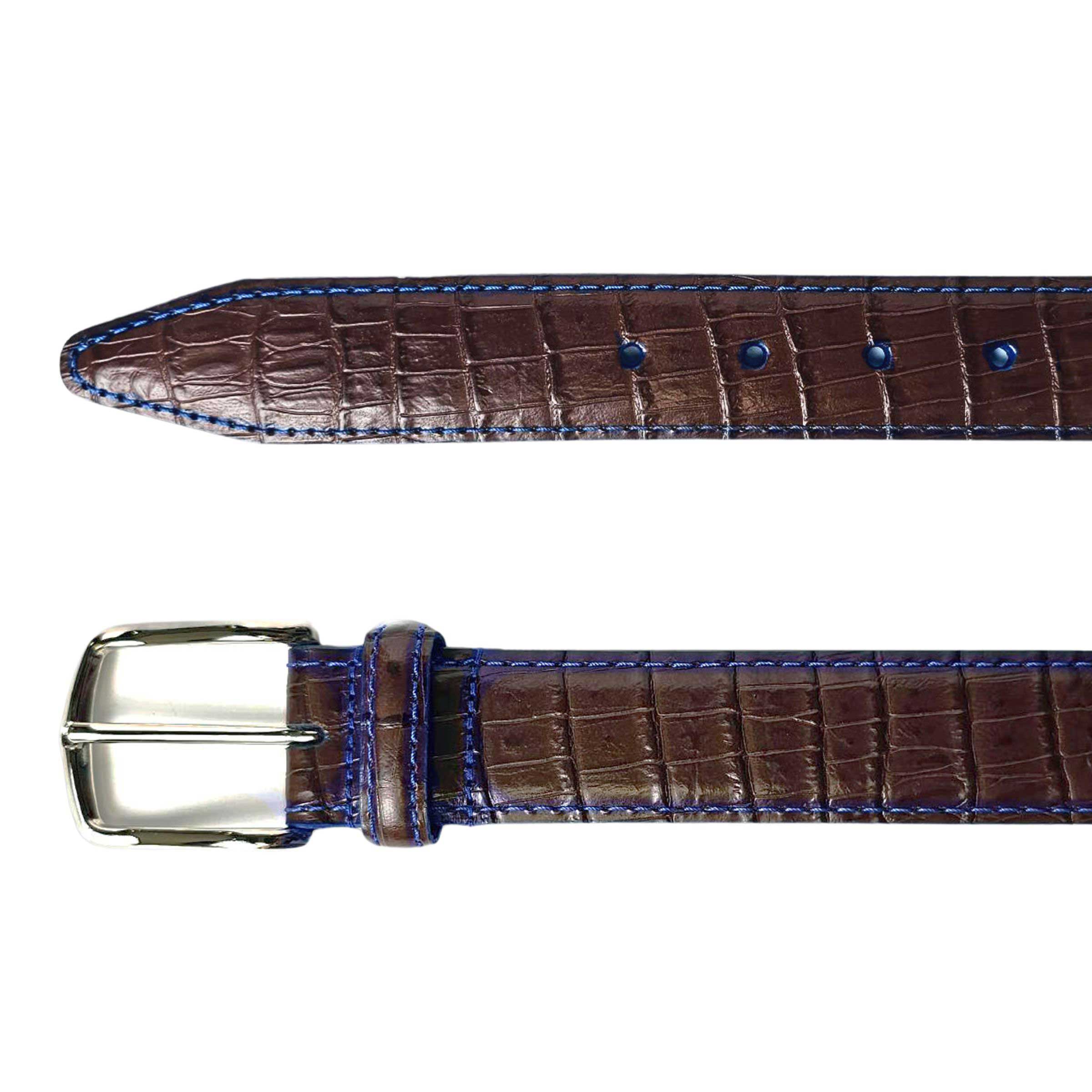 Men's brown dress belt with blue stitching