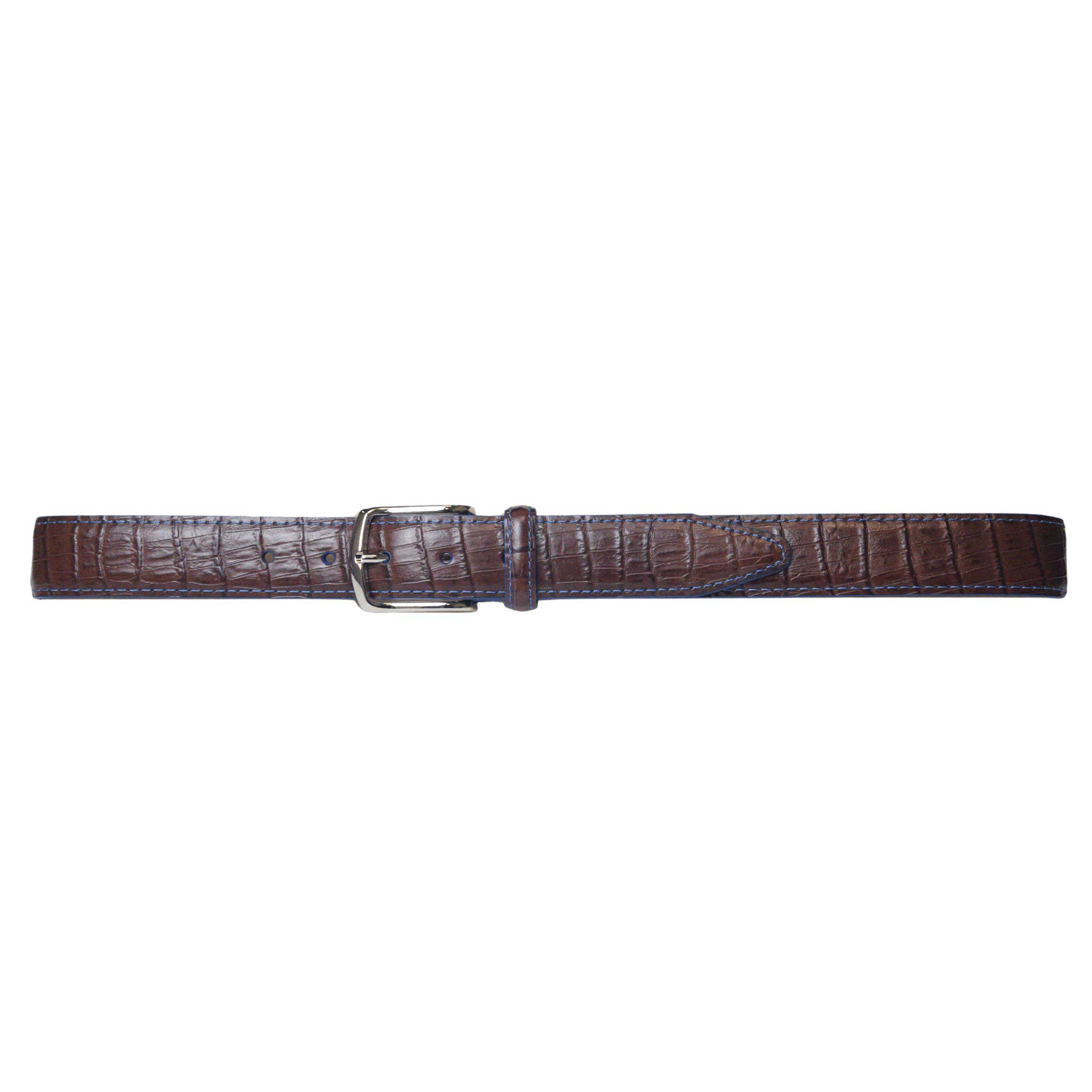 Men's brown dress belt with blue stitching