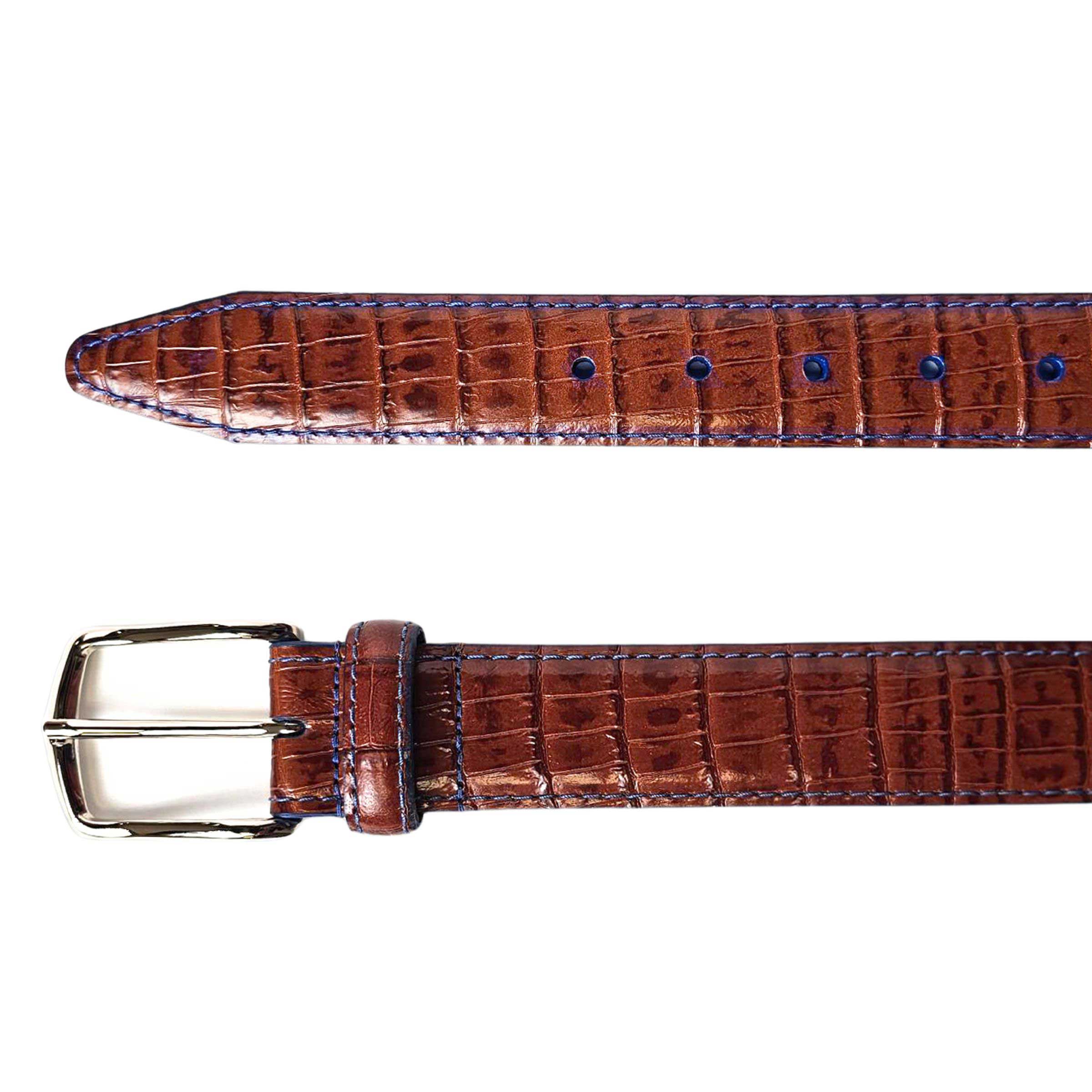 Men's tan dress belt with blue stitching