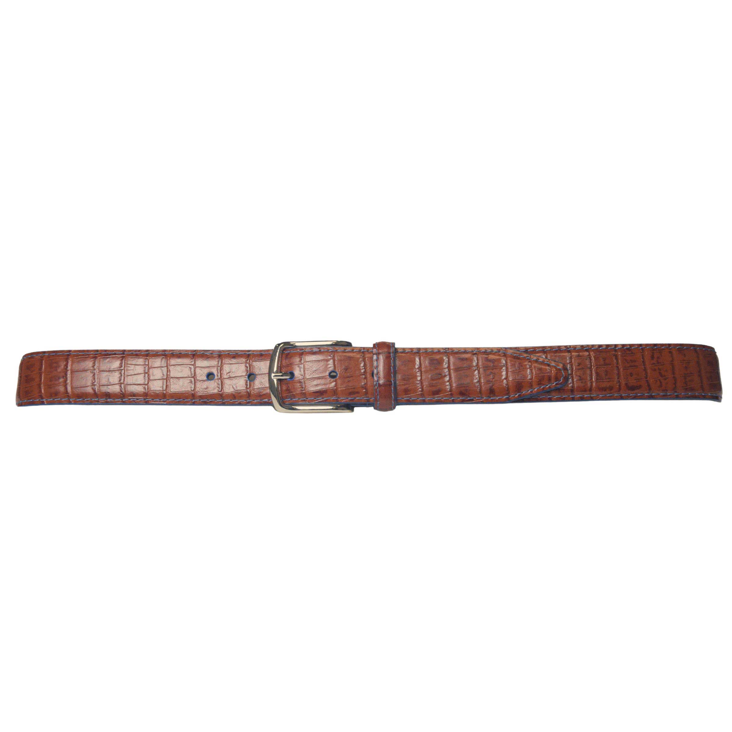 Men's tan dress belt with blue stitching